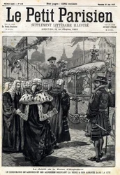 Das Jubiläum der Königin von England Victoria: der Lord Mayor von London Horatio Davies (1819-1901) und seine Stadträte empfangen die Königin in der Stadt. In „Le Petit Parisien“ am 27.06.1897