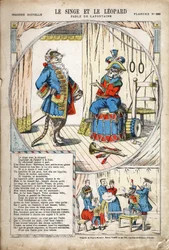 Der Affe und der Leopard. Anonyme Illustration für Les Fables von Jean de La Fontaine. Imaging von Pont-a-Mousson, um 1880. Private Sammlung.