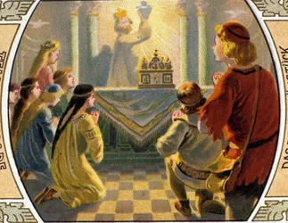 Die Suche nach dem Heiligen Gral, einem heiligen Gefäß, das das Blut von Jesus Christus während der Kreuzigung aufgefangen haben soll. Chromolithografie aus dem späten 19. Jahrhundert