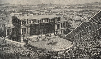 Das Theater des Dionysos, Die Akropolis, Athen, Griechenland - Nachstellung von 1890 des Theaters des Dionysos - in Athen, Antikes Griechenland. - Gravur 1890