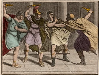 Die Ermordung des römischen Kaisers Julius Caesar (Jules Cesar - Giulio Cesare oder Caius Julius Caesar) am 15. März 44 v. Chr. - Gravur aus „Die Jugend von Rollin oder Ausgewählte Stücke aus alten und römischen Geschichten“ 1816 - Private Sammlung.