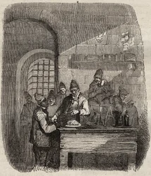 Die Kantine des Brest-Bagne im 19. Jahrhundert. Gravur in „Histoire des bagnes depuis leur création à nos jours“ (1877) von Pierre Zaccone (1817-1895). Private Sammlung.