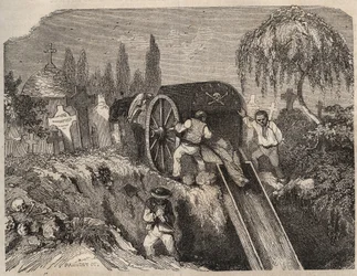 Der Friedhof des Brest-Bagne im 19. Jahrhundert. Gravur in „Histoire des bagnes depuis leur création à nos jours“ (1877) von Pierre Zaccone (1817-1895). Private Sammlung.