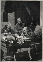 Der Chrysograph: Kopistenmönche führen im Mittelalter Buchmalereien mit goldenen Buchstaben aus. Kupferstich von 1885 in „Les arts et métiers illustrés“ von Adolphe Bitard.