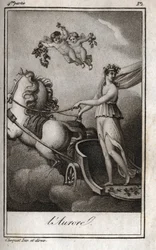Die Morgenröte (Apollo führt den Sonnenwagen). Allegorie des Sonnenaufgangs. Gravur von 1819 in „Lettres à Emilie sur la mythologie“ von Charles Albert Demoustier (1760-1801). Private Sammlung.