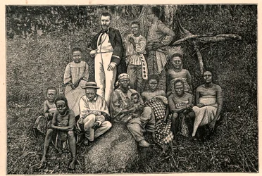 Der Entdecker Pierre Savorgnan de Brazza (1852-1905) und eine Gruppe von Einheimischen aus dem Apostolischen Vikariat der beiden Guineas in Gabun. Gravur in „Les Missions Catholiques au XIXème Siècle“ von Louis-Eugène Louvet. Private Sammlung.