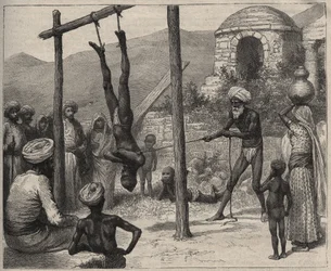 Der Fakir in Indien - Die Fakire (Faquir) in Indien - wurde an den Füßen an einer Holzstange aufgehängt - Gravur von 1892 in „Journal des voyages“.
