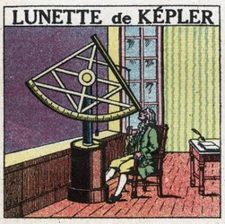 Die ersten optischen Instrumente: Astronomisches Fernrohr von Johannes Kepler (1571-1630) um 1615 erfunden. Anonyme Illustration von 1925. Private Sammlung.