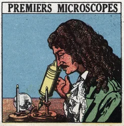 Die ersten optischen Instrumente: Mikroskop zur Zeit von Christiaan Huygens. Anonyme Illustration von 1925. Private Sammlung