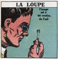 Die ersten optischen Instrumente: die Lupe. Anonyme Illustration von 1925. Private Sammlung.