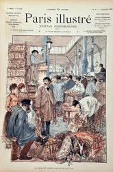 Das Spiel Criee an den Halles de Paris im Jahr 1887. Illustration von Hermann Vogel (1856-1918). Gravur von 1887 in „Paris-Illustrous journal weekly“.