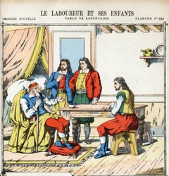 Der Pflüger und seine Kinder. Illustration für Les Fables von Jean de La Fontaine (1621-1695).