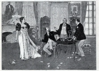 Theateraufführung: „Das System Ribadier“, Vaudeville von Georges Feydeau (1862-1921) und Maurice Hennequin (1863-1926) im Théâtre du Palais-Royal in Paris. Gravur in „Le monde illustré“ von 1892. Private Sammlung.