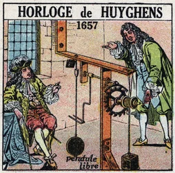 Zeit: Uhr mit freiem Pendel erfunden von Christiaan Huygens (1629-1695) im Jahr 1657. Anonyme Illustration von 1925. Private Sammlung.