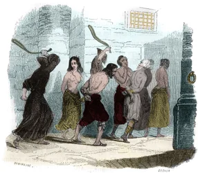 Folter während der Inquisition in Spanien im 16. Jahrhundert: Die Qual der Peitsche. Illustration in „Mysterien der Inquisition und anderer Geheimgesellschaften Spaniens“ von Victor de Fereal, Suberwick und Manuel Galo de Cuendias. Veröffentlicht von P.