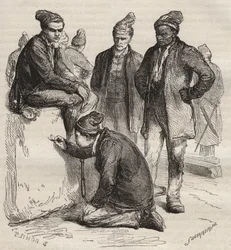Arten von Galerien aus dem Bagne von Brest im 19. Jahrhundert. Gravur in „Histoire des bagnes depuis leur création à nos jours“ (1877) von Pierre Zaccone (1817-1895). Private Sammlung
