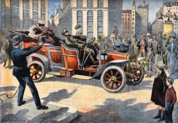 Ungewöhnliche US-Polizeimethoden zur Verhaftung von Fahrern, die beim Fahren ihrer Autos Geschwindigkeitsüberschreitungen begehen. Gravur aus der Zeitung 