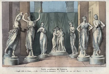 Verschiedene Skulpturen von Canova - Die drei Grazien - Hebe - Die drei tanzenden Grazien - Venus Italica - Muse - Stich aus „Usi e Costumi di Tutti i Popoli dell
