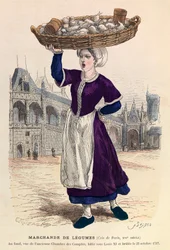 Gemüseverkäufer in Paris im 16. Jahrhundert (im Hintergrund, Ansicht der ehemaligen Rechnungskammer, erbaut unter Ludwig XI. und am 27. Oktober 1737 abgebrannt)