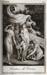 Venusgürtel: Während die Schlacht zugunsten der Trojaner weitergeht, benutzt Juno den Gürtel der Venus, um Jupiter zu bezaubern, und Schlaf, um ihn einzuschläfern. Gravur von 1819 in „Lettres à Emilie sur la mythologie“ von Charles Albert Demoustier (1760-