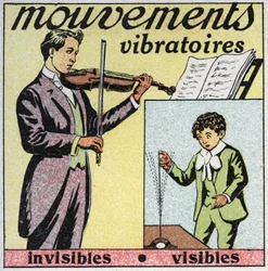 Schwingungsbewegungen: unsichtbare Bewegung (Klang von Geigensaiten) und sichtbare Bewegung (Stahlstab mit Finger). Anonyme Illustration von 1925. Private Sammlung.
