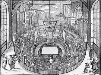Ansicht eines anatomischen Theaters wahrscheinlich an der Universität Leiden im frühen 17. Jahrhundert (Gravur)