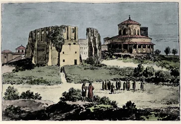 Ansicht der Kirche Santa Costanza, Mausoleum von Kaiser Konstantin, erbaut im 4. Jahrhundert in der Nähe der Basilika St. Agnes in Rom. Illustration aus dem 19. Jahrhundert