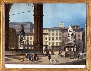 Ansicht der Loggia dei Lanzi (1576-1582) auf der Piazza della Signoria in Florenz. Anonymes Gemälde aus dem 19. Jahrhundert