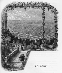 Ansicht der Stadt Bologna, Italien. Gravur von 1859 in „Die Galerien Europas - Italien“ von Armengaud. Private Sammlung.