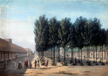 Ansicht des Hofes der Paisibles im Hospiz von Bicetre. Der Spaziergang der Geisteskranken im Krankenhaus im Jahr 1824