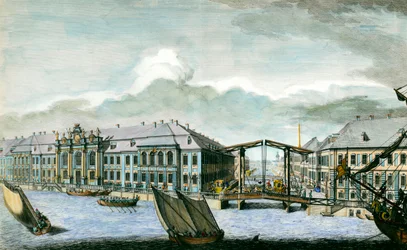 Ansicht des ehemaligen Winterpalastes an der Moika und dem Newa-Kanal in Sankt Petersburg. Gravur aus dem 18. Jahrhundert. Sankt Petersburg, Eremitage-Bibliothek