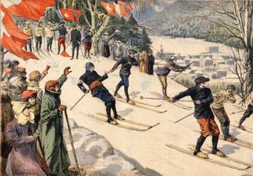 Wintersport: Skirennen in Chamonix in Haute-Savoie in den Alpen, Frankreich. Schweizer und französische Flaggen feuern die Skifahrer an. Gravur aus der Zeitung 