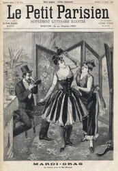 Frauen bereiten ihre Verkleidung hinter einem Bildschirm vor und ein Mann probiert seine Maske in Form eines Elefantenrüssels für den Maskenball des Karnevals. In „Le Petit Parisien“ am 19.02.1893