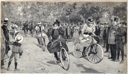 Frauenrennen der Velocipedisten im Bois de Boulogne bei Paris. Gravur in „Le Petit Parisien“ am 25.06.1893