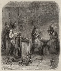 Arbeiterkräfte im Rochefort-Bagne im 19. Jahrhundert. Gravur in „Histoire des bagnes depuis leur création à nos jours“ (1877) von Pierre Zaccone (1817-1895). Private Sammlung.