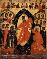 Der Abstieg in die Hölle mit Deesis und ausgewählten Heiligen, Ende des 14. Jahrhunderts
