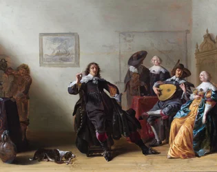 Ein Interieur mit fünf eleganten Figuren um einen Tisch, eine spielt Laute
