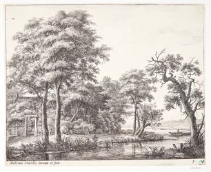 Flusslandschaft mit einem Mann in einem Ruderboot