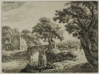 Herde in der Nähe einer Steinbrücke