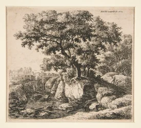 Landschaft mit Mann, der einen Esel treibt