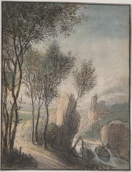 Flusslandschaft mit einem Schloss in der Ferne