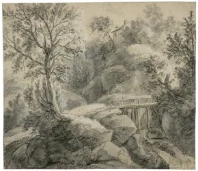 Felsige Landschaft mit einer Brücke über einen Bach