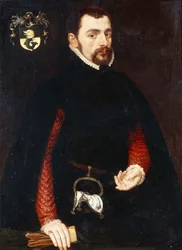 Porträt eines 28-jährigen Herrn, als Dreiviertelfigur in einem schwarzen Wams mit roten Ärmeln und einem schwarzen Umhang, mit einer Börse und einem mit den Initialen „K“ bestickten Taschentuch, 1563