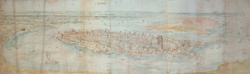 Panoramablick auf Dordrecht, von einem erhöhten Punkt im Westen gesehen