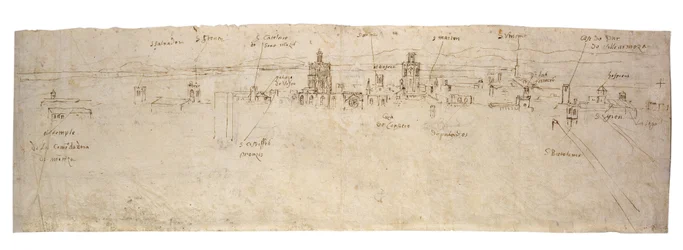 Rechte Seite: Skizze der Lagune von Valencia, la Albufera und angrenzende Küste und Landschaft Rückseite: Skizzen mehrerer Gebäude in Valencia