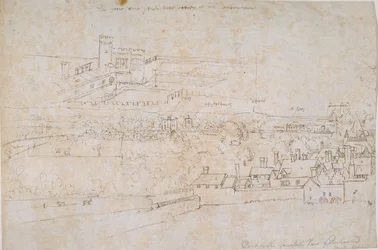 Blatt mit Studien der Paläste von Hampton Court, Richmond und Umgebung, ca. 1560er Jahre