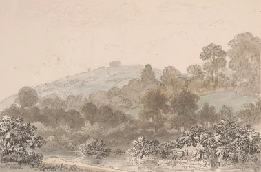 Landschaft mit Bach im Vordergrund