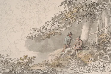 Zwei Jungen und ein Hund im Wald