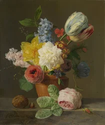 Stillleben mit Blumen und Nüssen