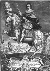 Reiterporträt von George Villiers (1592-1628), 1. Herzog von Buckingham, graviert von Willem de Passe (1598-1637) 1625